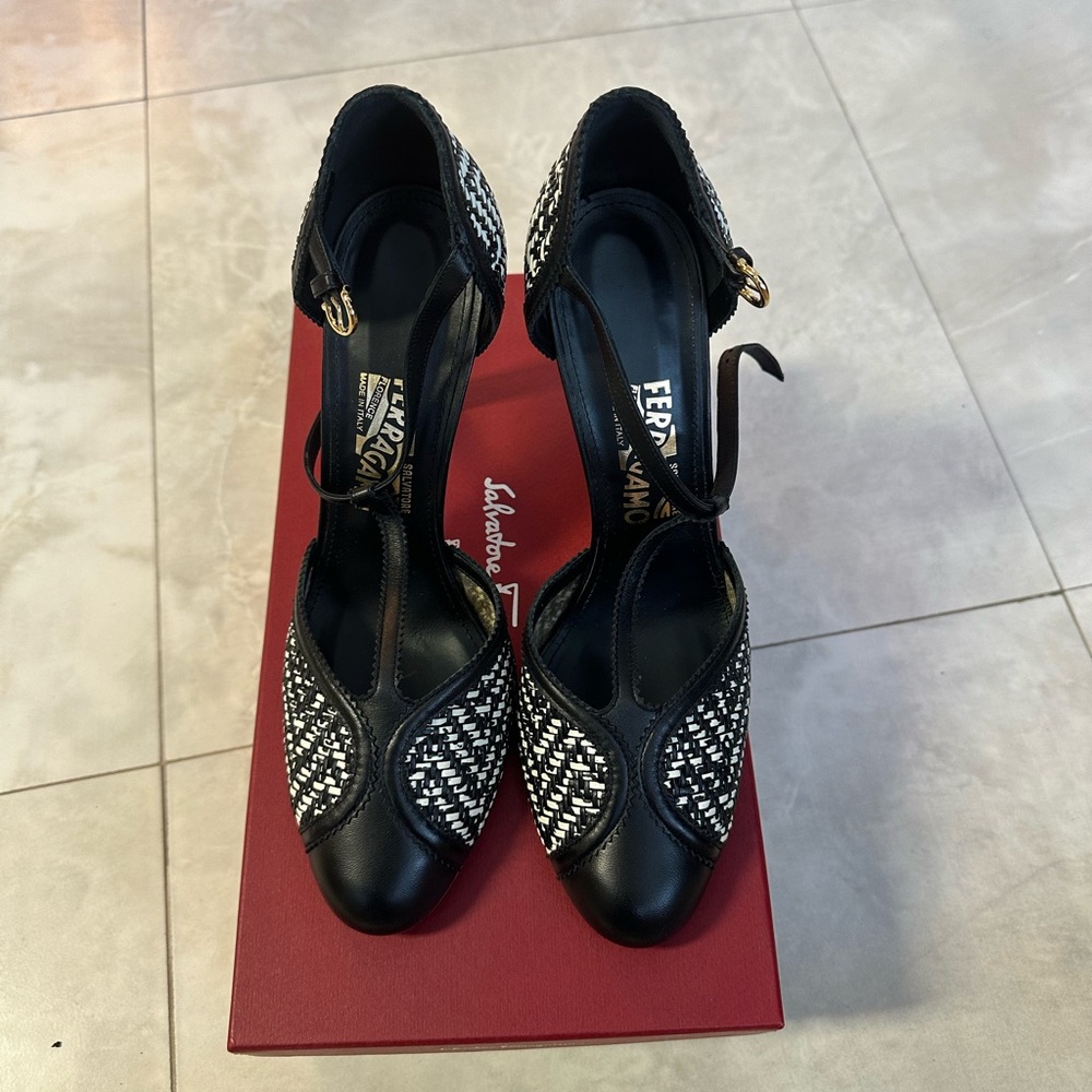 Black and white T-Strap pump